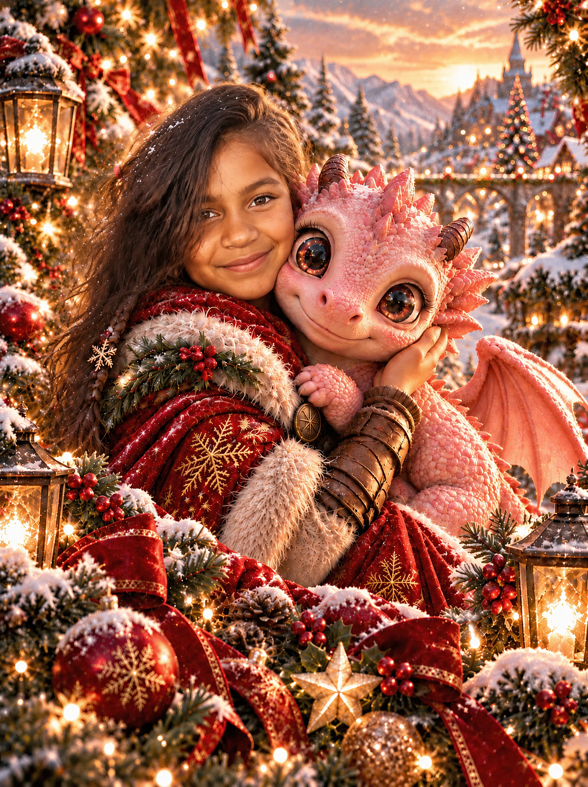 Personalized Christmas Dragon portrait of one child hugging a friendly pink dragon in a snowy village