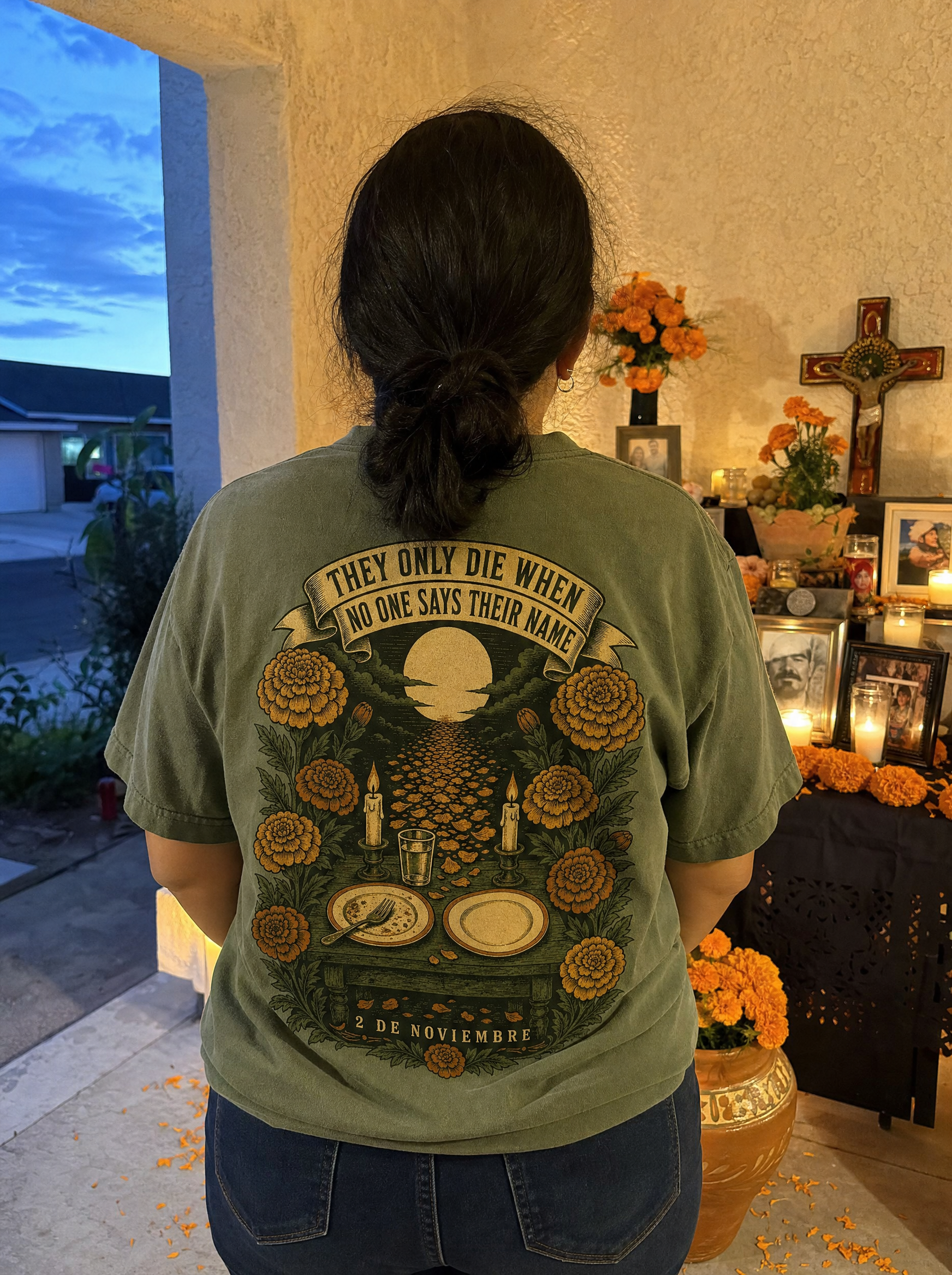 Día de los Muertos Shirt — Ponle Su Plato Memorial Tee — worn, back view