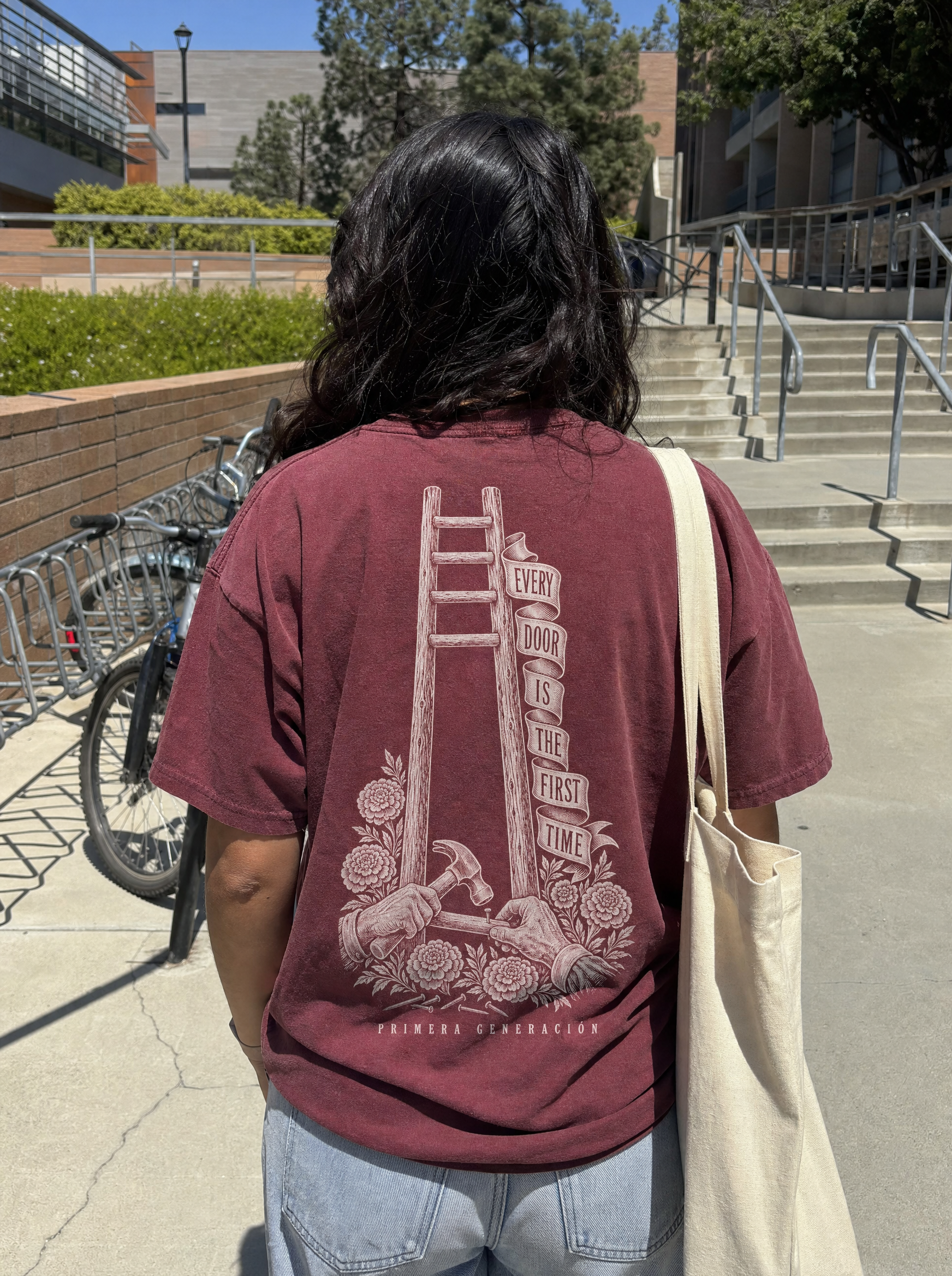 First Generation Shirt — Every Door Is The First Time — worn, back view