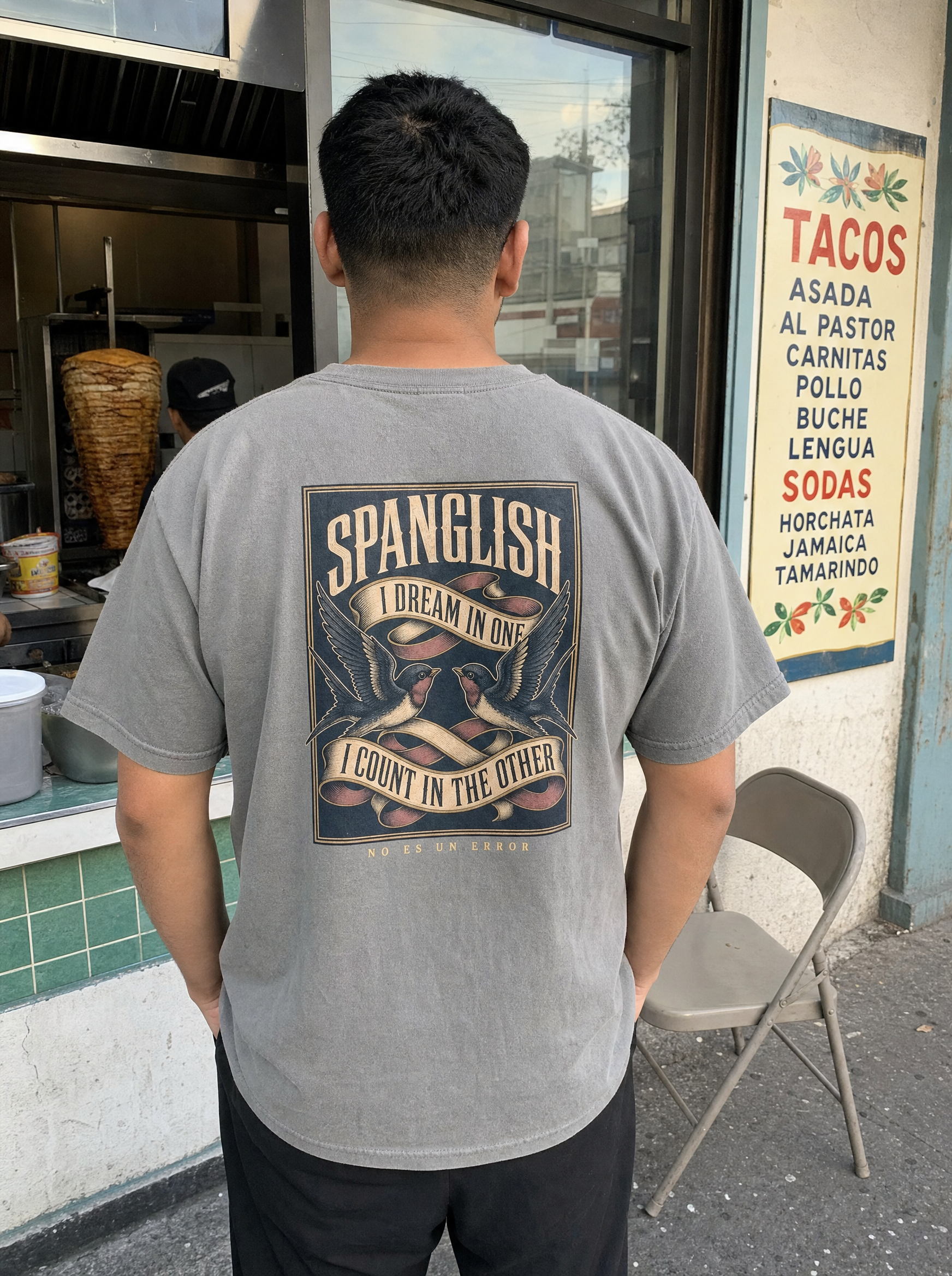 Spanglish Shirt — I Dream In One, I Count In The Other — worn, back view