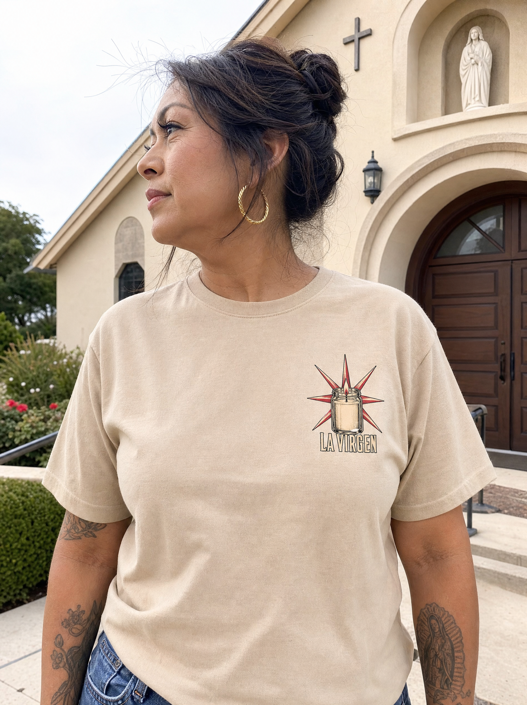 La Virgen Shirt — Nothing On Her Is Decoration — worn, front view