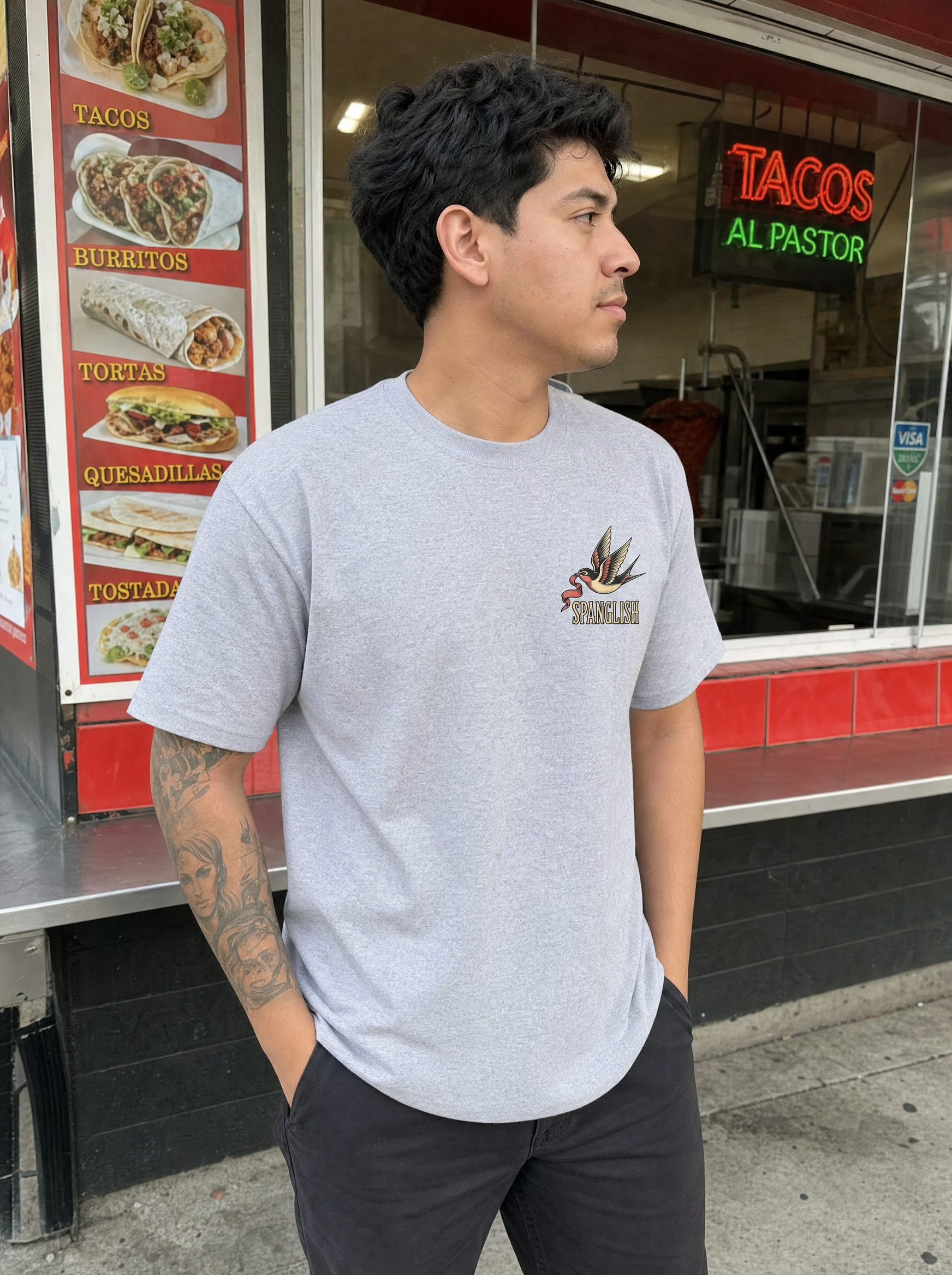 Spanglish Shirt — I Dream In One, I Count In The Other — worn, front view