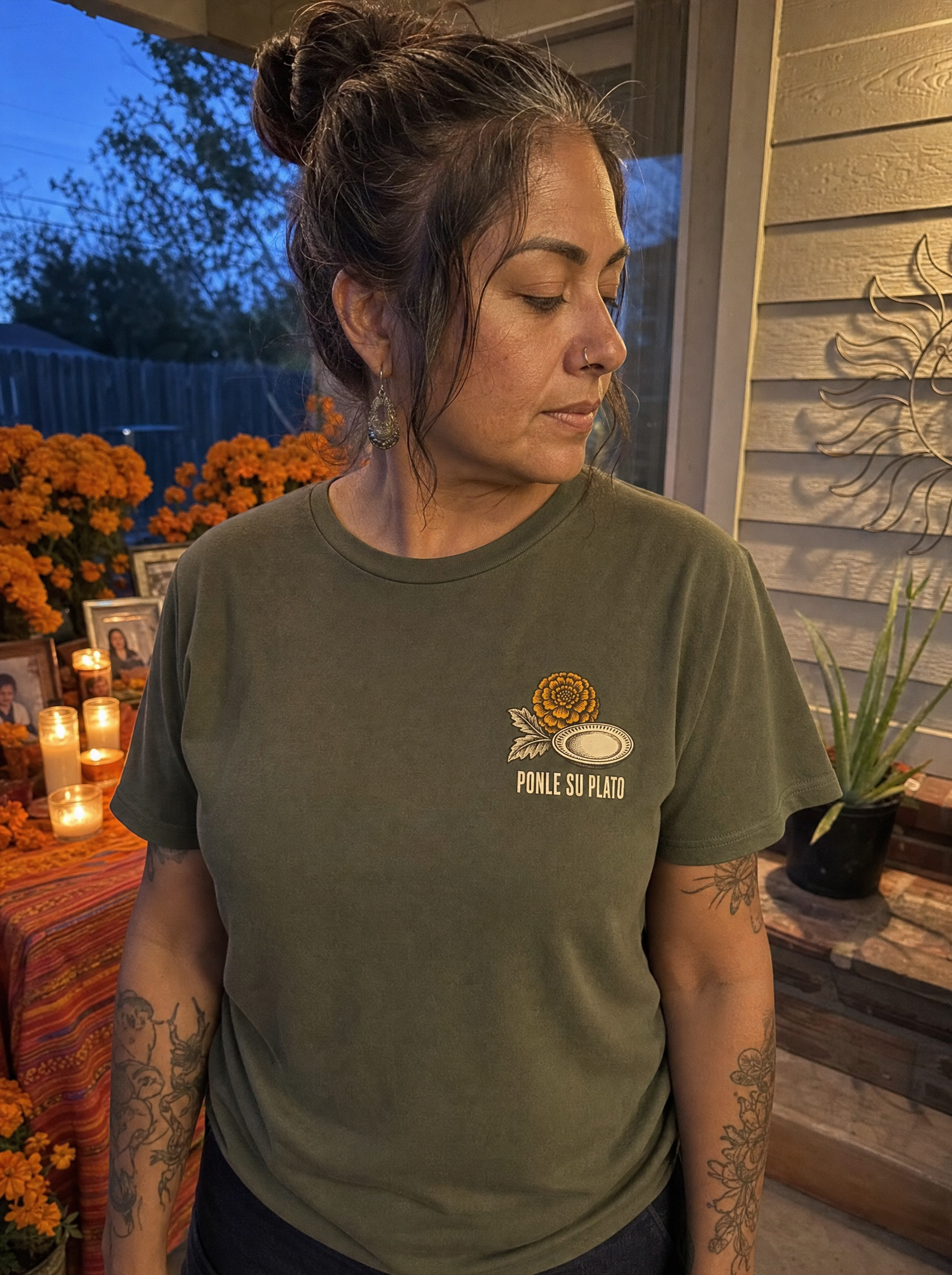 Día de los Muertos Shirt — Ponle Su Plato Memorial Tee — worn, front view