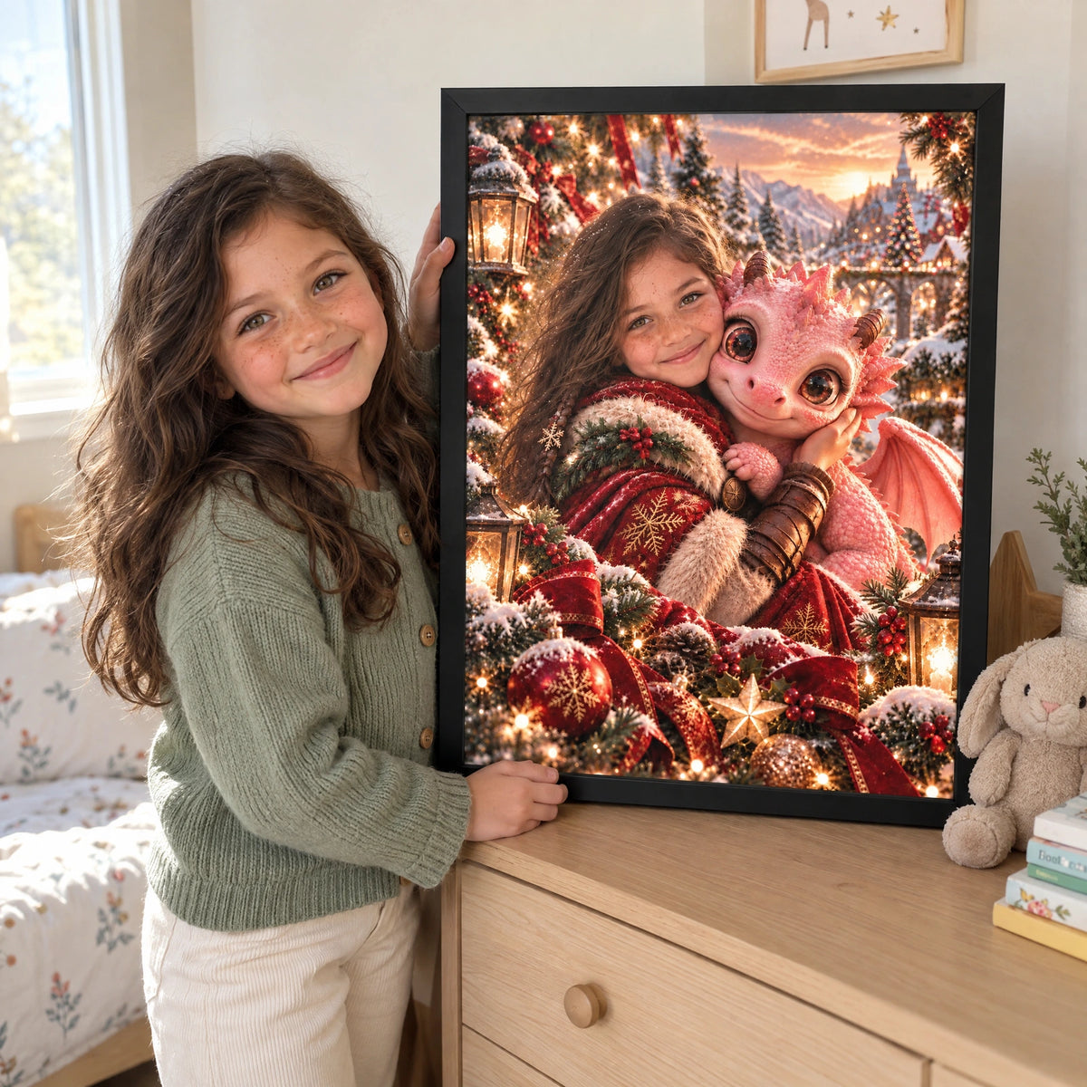 Illustrative lifestyle mockup: a child beside her matching personalized Christmas Dragon poster in a black frame, displayed in a bright bedroom.