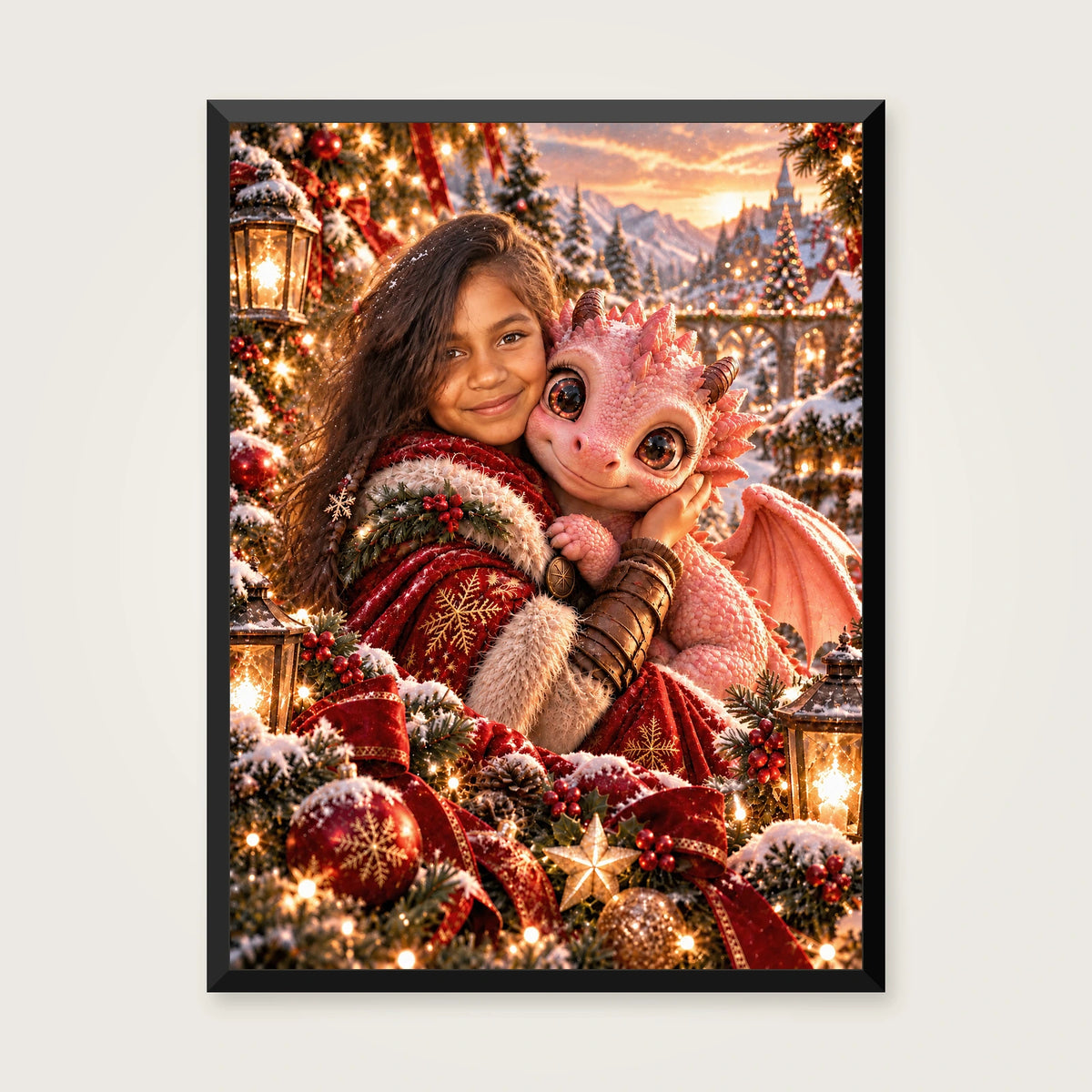 Christmas Dragon portrait — black frame — frame finish preview