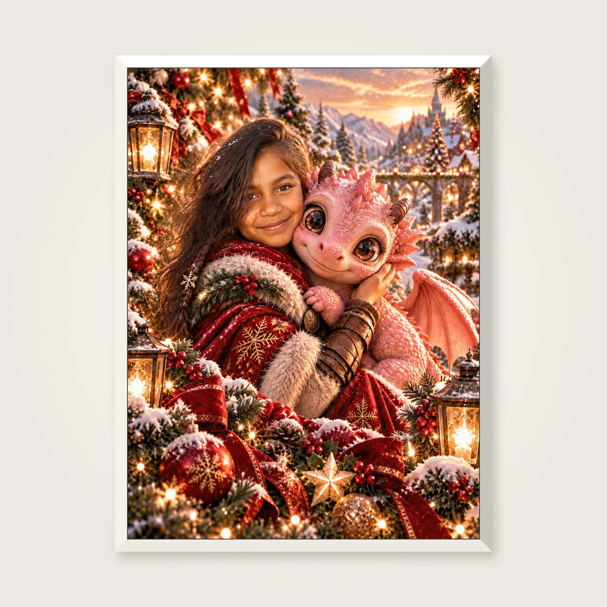 Christmas Dragon portrait — white frame — frame finish preview