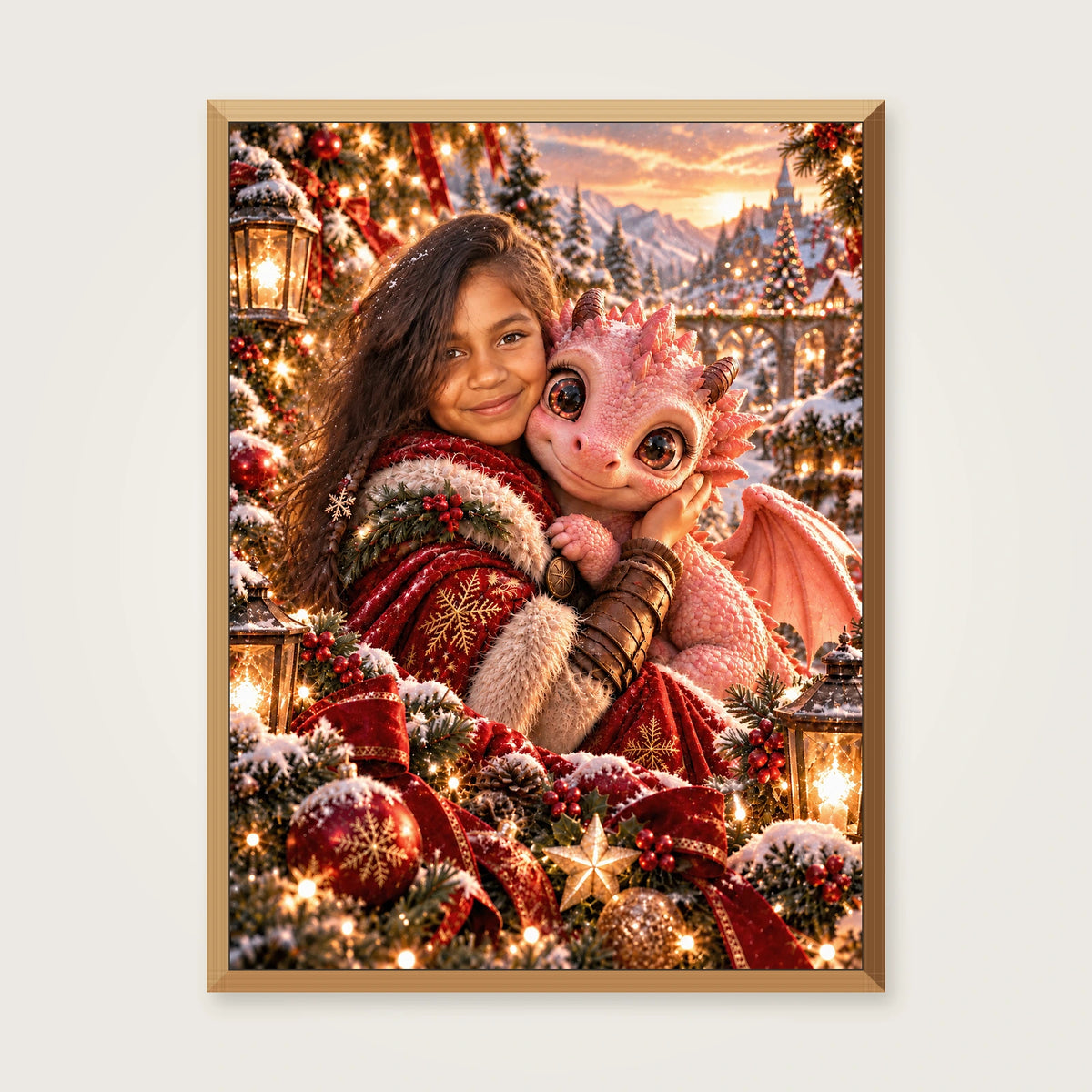 Christmas Dragon portrait — wood frame — frame finish preview