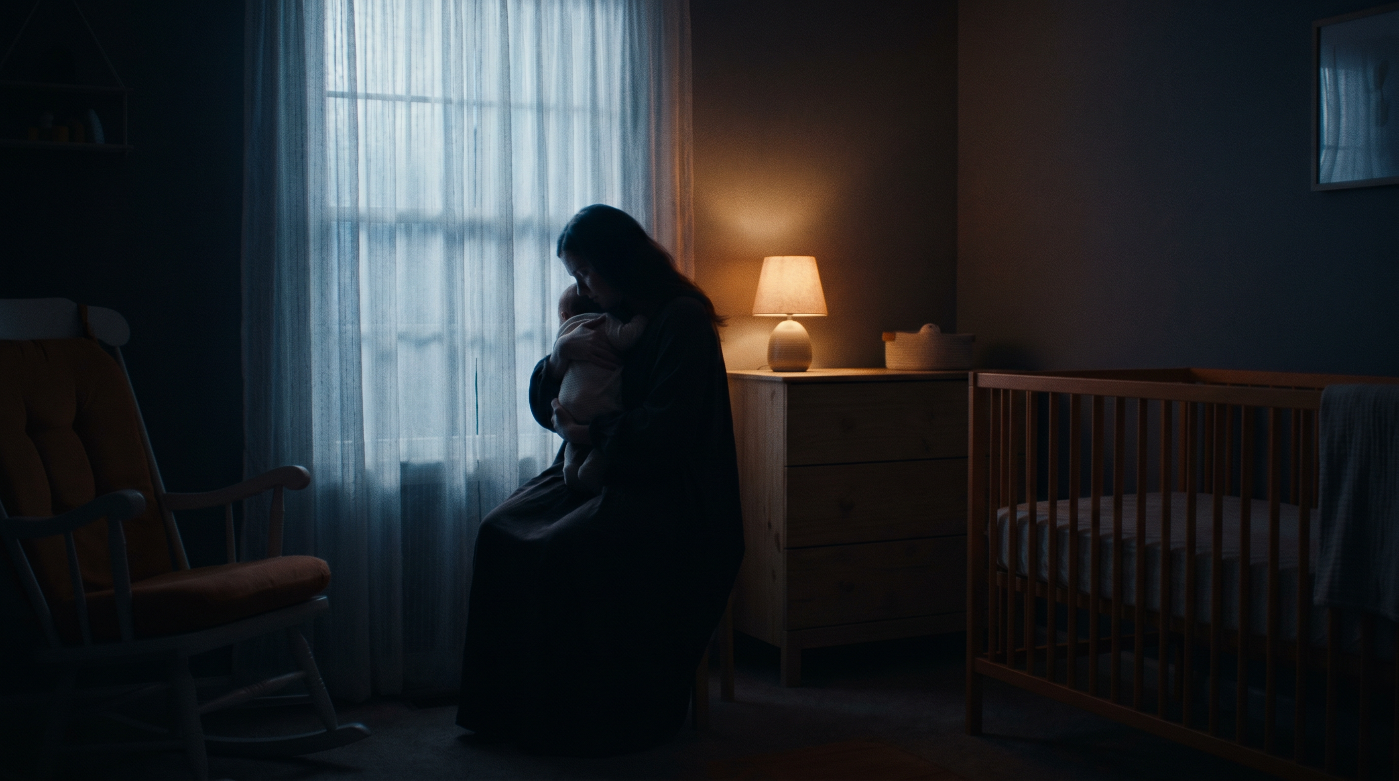 A tired mother holding her baby in a dim nursery at 2am